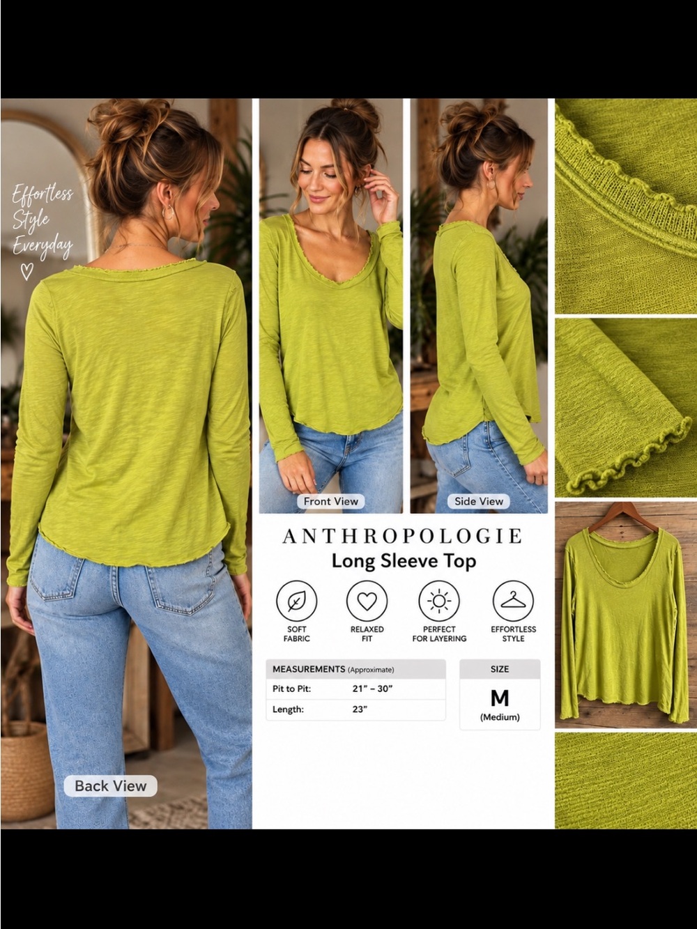 Anthropologie Lime Green Lettuce-Edge Long Sleeve Top